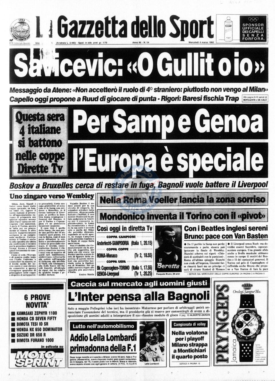 La Gazzetta dello Sport, 4/3/1992